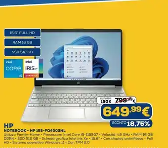 Euronics Notebook hp - hp 15s-fq4002nl offerta