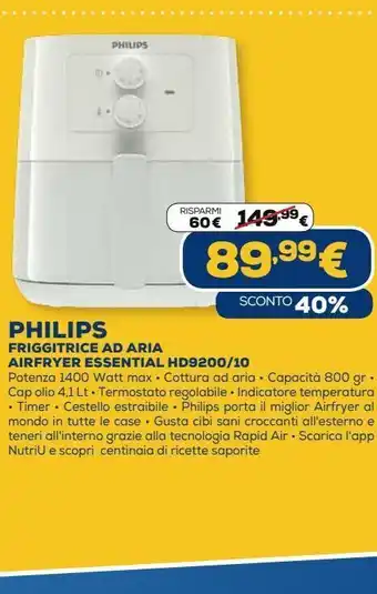 Euronics Philips friggitrice a aria - airfryer essential hd9200/10 offerta