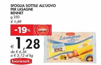 Bennet Sfoglia sottile all''uovo per lasagne bennet g 250 offerta