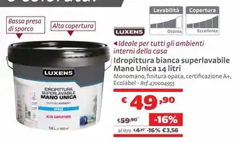 Idropittura bianca superlavabile mano unica 14 litri