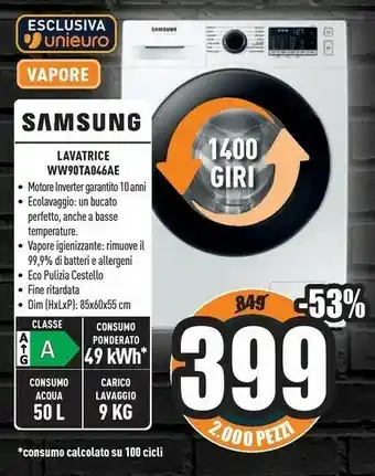 Unieuro Samsung WW90TA046AE Lavatrice Libera Installazione Caricamento Frontale 9 Kg 1400 Giri/min A Bianco offerta