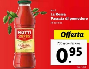 Lidl Mutti La Rossa Passata Di Pomodoro Al Basilico 700 G(ml) offerta