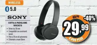 Unieuro Sony WHCH500/B Cuffia offerta