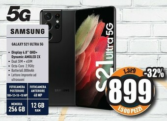 Unieuro Samsung Galaxy S21 Ultra 5G 256GB Display 6.8" Dynamic AMOLED 2X Phantom Black offerta