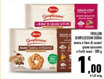 Conad Doria Semplicissimi Farina Integrale 100% Biscotto Alla Avena E Fave Di Cacao 280 G(ml) offerta