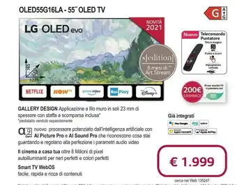 Sinergy LG OLED55G16LA TV 139,7 Cm (55") 4K Ultra HD Smart TV Wi-Fi Nero offerta