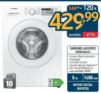 Sinergy Samsung WW80TA046TH Lavatrice Libera Installazione Caricamento Frontale Bianco 8 Kg 1400 Giri/min A+++ offerta