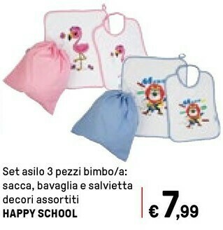 Happy School Set Asilo 3 Pezzi Bimbo / A Sacca, Bavaglia E Salvietta