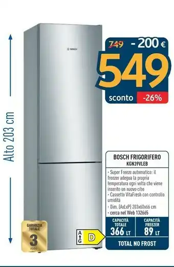 Sinergy Bosch Serie 4 KGN39VLEB Frigorifero Con Congelatore Libera Installazione Acciaio Inossidabile 366 L A++ offerta