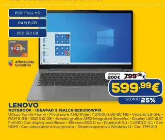 Euronics Notebook- ideapad 3 15alc6 82ku00wpix lenovo offerta