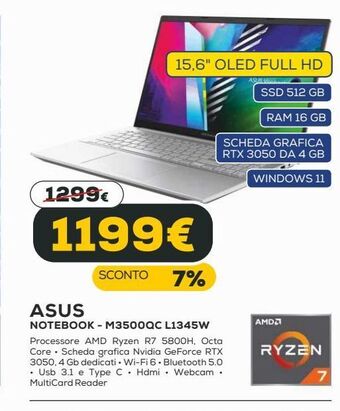 Euronics Notebook asus - m3500qc l1345w offerta