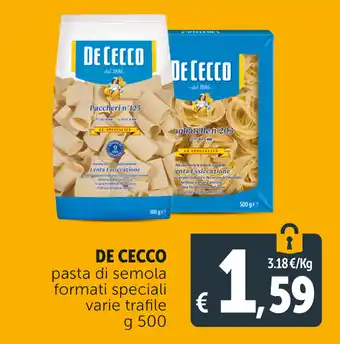 Deco Supermercati De Cecco patsa di semola formati speciali varie trafile g 500 offerta
