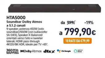 Unieuro Sony Soundbar Dolby Atmos HTA5000 a 5.1.2 canali offerta
