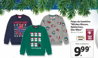 Lidl Felpa da bambino 'mickey mouse, spiderman, star wars' offerta