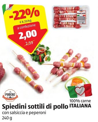 ALDI Il Podere Spiedini sottili di pollo con salsiccia e peperoni 240 g offerta