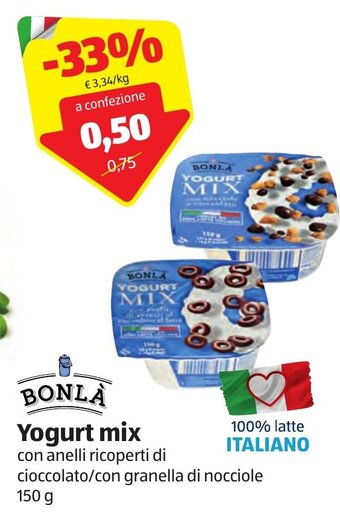 ALDI Bonlà Yogurt mix con anelli ricoperti di cioccolato/con granella di nocciole 150 g offerta