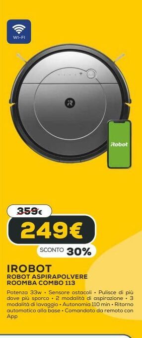 Euronics Irobot robot aspirapolvere roomba combo 113 offerta