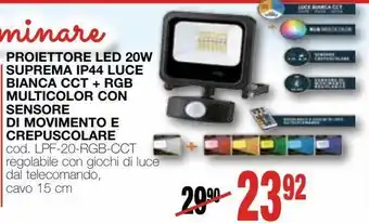 Proiettore led 20w suprema ip44 luce bianca cct + rgb multicolor con sensore di movimento e crepuscolare