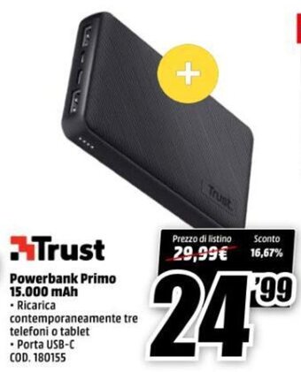 MediaWorld Trust Powerbank Primo 15.000 mAh offerta