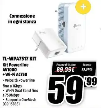 MediaWorld TP-Link TL-WPA7517 Kit Kit Powerline AV1000 + Wi-Fi AC750 offerta