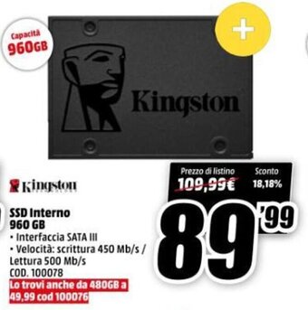 MediaWorld Kingston SSD Interno 960 GB offerta