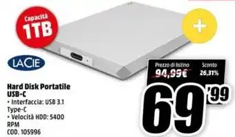 MediaWorld Lacie Hard Disk Portatile USB-C offerta