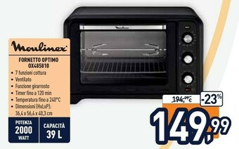 Unieuro Moulinex OX485810 Optimo Forno Elettrico Ventilato Con Capacità Di 39 L, Potenza 2000 W, L 54 X P 40 X A 32 Cm offerta