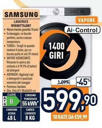 Unieuro Samsung WW80T754ABT Lavatrice Libera Installazione Caricamento Frontale 8 Kg 1400 Giri/min B Nero, Bianco offerta