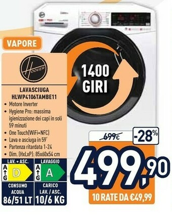 Unieuro Hoover LINK PRO HLWP4106TAMBE-11 Lavasciuga Libera Installazione Caricamento Frontale Bianco D offerta
