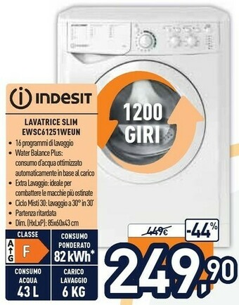 Unieuro Indesit EWSC 61251 W EU N Lavatrice Libera Installazione Caricamento Frontale 6 Kg 1200 Giri/min F Bianco offerta