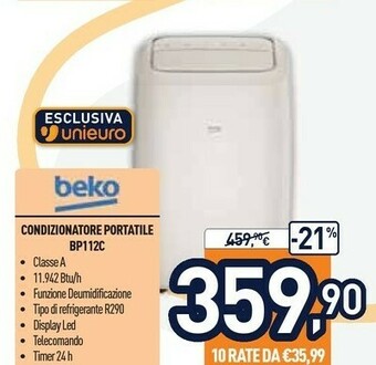 Unieuro Beko Condizionatore Portatile BP112C offerta