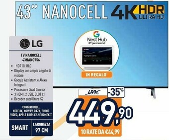 Unieuro LG NanoCell 43NANO756PA 109,2 Cm (43") 4K Ultra HD Smart TV Wi-Fi Blu offerta