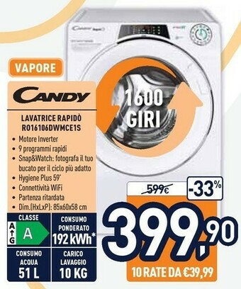 Unieuro Candy RO16106DWHC71-S Lavatrice Libera Installazione Caricamento Frontale Bianco 10 Kg 1600 Giri/min A+++ offerta