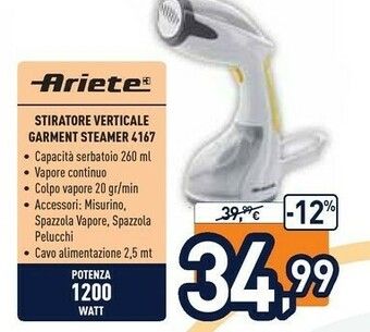 Unieuro Ariete ARI-4167 Stiratrice A Vapore 260 L Bianco, Giallo 1200 W offerta