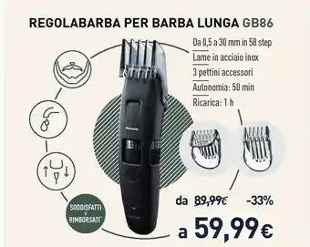 Unieuro Panasonic ER-GB86, Regolabarba, 3 Pettini Accessori, Lavabile, Nero offerta