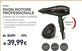 Unieuro Babyliss 6613DE Asciuga Capelli Nero 2200 W offerta