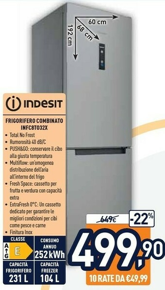 Unieuro Indesit INFC8 TO32X Frigorifero Con Congelatore Libera Installazione 335 L E Acciaio Inossidabile offerta