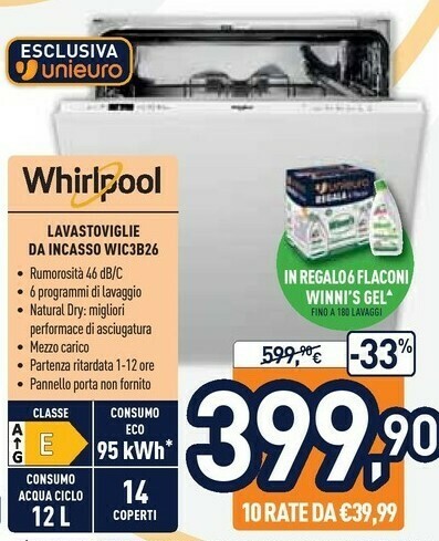Whirlpool WIC 3B26 Lavastoviglie A Scomparsa Totale 14 Coperti E offerta di  Unieuro