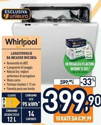Unieuro Whirlpool WIC 3B26 Lavastoviglie A Scomparsa Totale 14 Coperti E offerta
