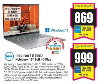 Wellcome Dell Inspiron 16 5620 Notebook 16'' Full HD Plus offerta