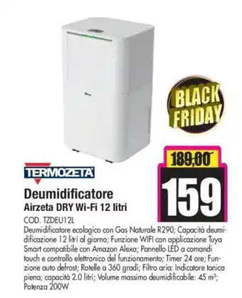 Wellcome Termozeta Deumidificatore Airzeta DRY Wi-Fi 12 litri offerta