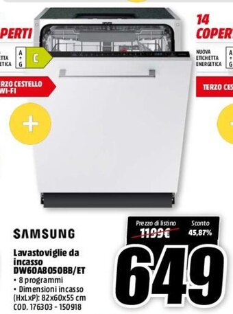 MediaWorld Samsung Lavastoviglie da incasso DW60A8050BB/ET offerta