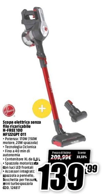 MediaWorld Hoover Scopa elettrica senza filo ricaricabile H-FREE 100 HF122GPT 011 offerta