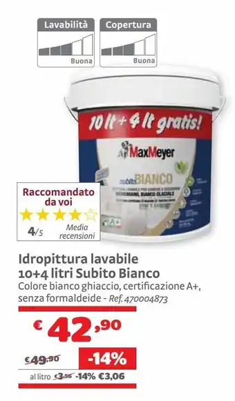 Bricocenter Idropittura lavabile 10+4 litri subito bianco offerta