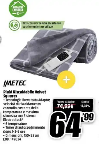 MediaWorld Imetec Plaid Riscaldabile Velvet Squares offerta