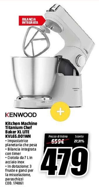 MediaWorld Kenwood Kitchen Machine Titanium Chef Baker XL Lite KVL65.001WH offerta