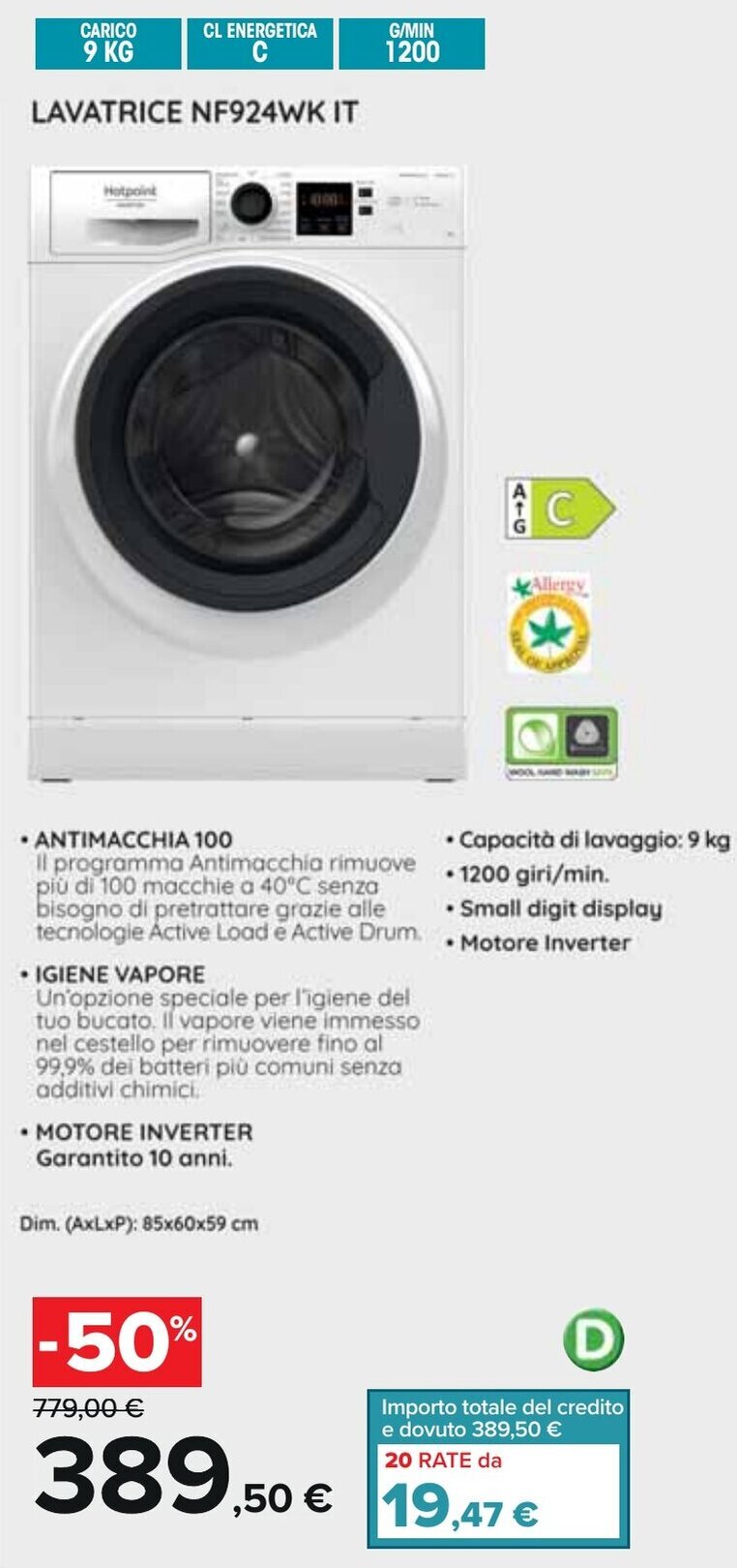 Hotpoint Lavatrice NF924WK IT offerta di Carrefour