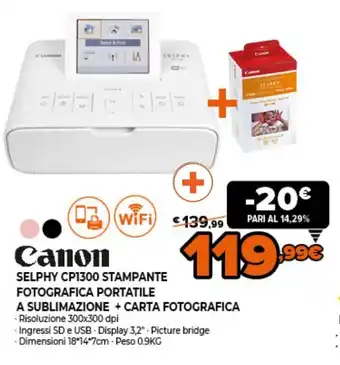 Canon Selphy CP1300 Stampante Fotografica Portatile a Sublimazione + Carta Fotografica