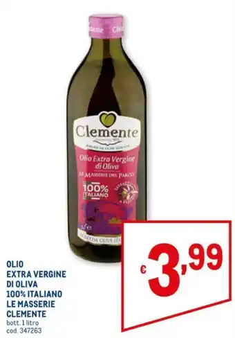 Metro Clemente Olio Extra Vergine di Oliva 100% Italiano Le Masserie 1 litro offerta