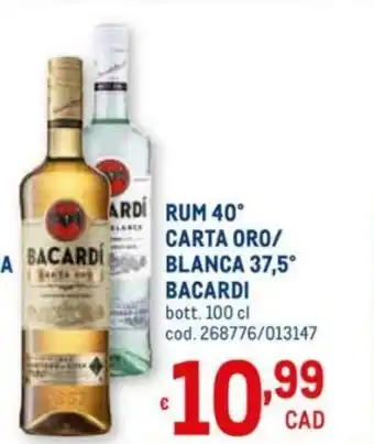 Metro Bacardi Rum 40° Carta Oro/Blanca 37,5° 100cl offerta